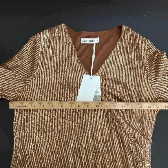 Grace Karin Sequin Top Women Medium Brown Glitter V-Neck 3/4 Sleeve Party Blouse - Picture 9 of 12